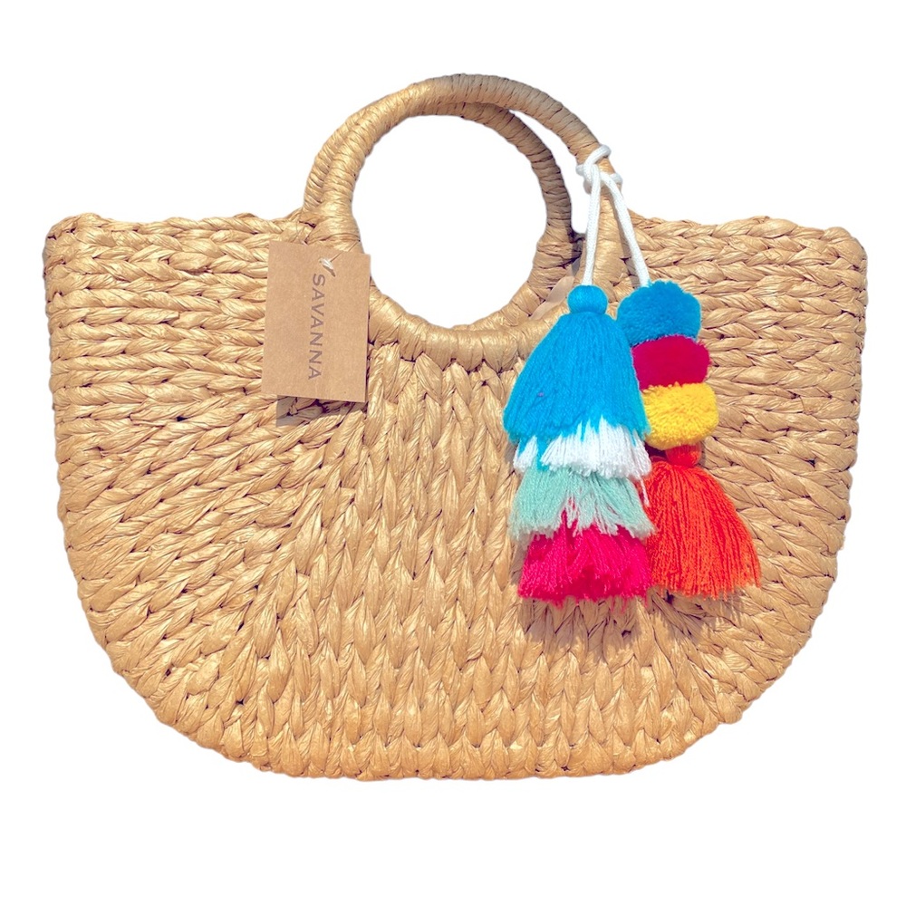 NWT Savannah Straw Woven Reed Tote with Multi-colored tassel adornment